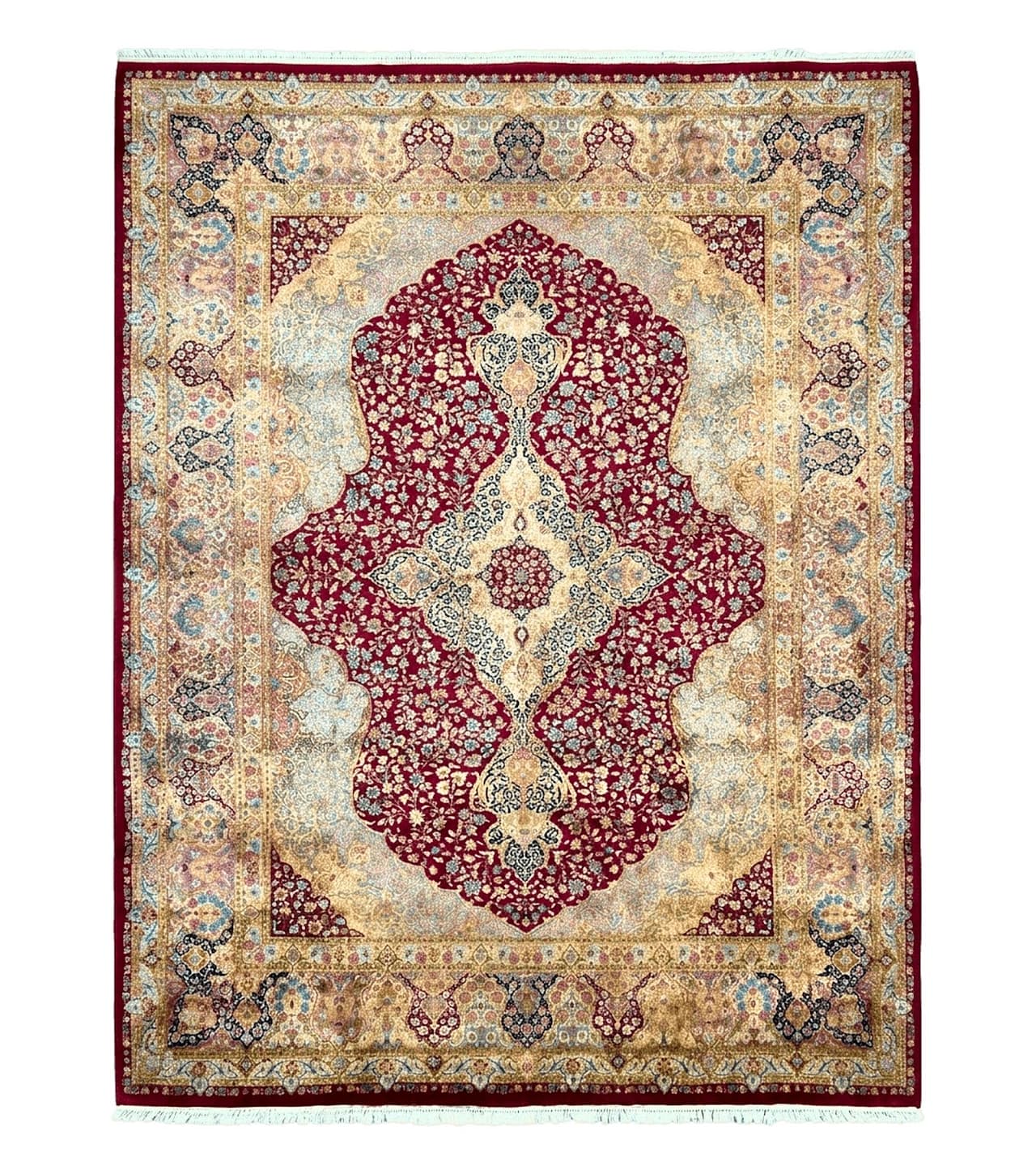 Persian Rug 9x12, Kirman DeLuxe, Millefleur Floral Medallion Carpet, Maroon Light Blue Beige, Semi Antique Authentic Hand Knotted Wool Rug