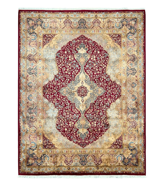 Persian Rug 9x12, Kirman DeLuxe, Millefleur Floral Medallion Carpet, Maroon Light Blue Beige, Semi Antique Authentic Hand Knotted Wool Rug