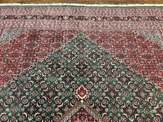 Indo Persian Rug 10x14, Bidjar Rug 10 x 14, Wool Hand Knotted Vintage Carpet, Red & Green Herati Pattern, Large Room Sized Oriental Rug