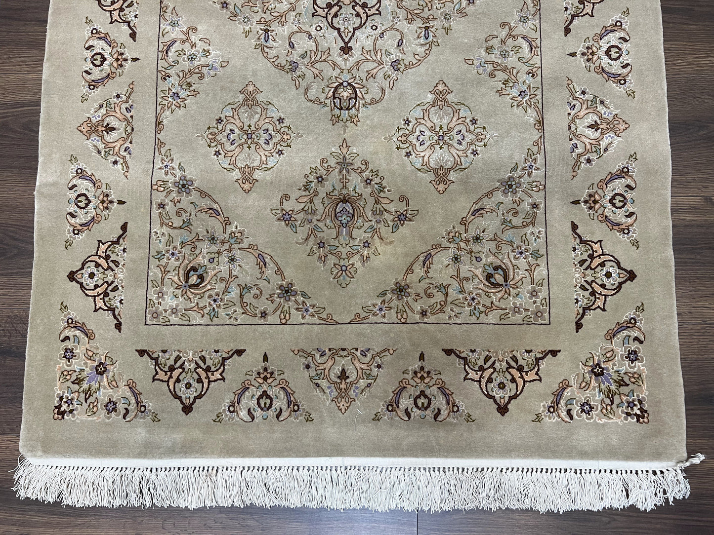 Very Fine Persian Isfahan Rug 3x5 ft with Signature, Kork Wool on Silk Foundation, Gray-Taupe Vintage Hand Knotted Oriental Carpet, 60 Raj 460 KPSI