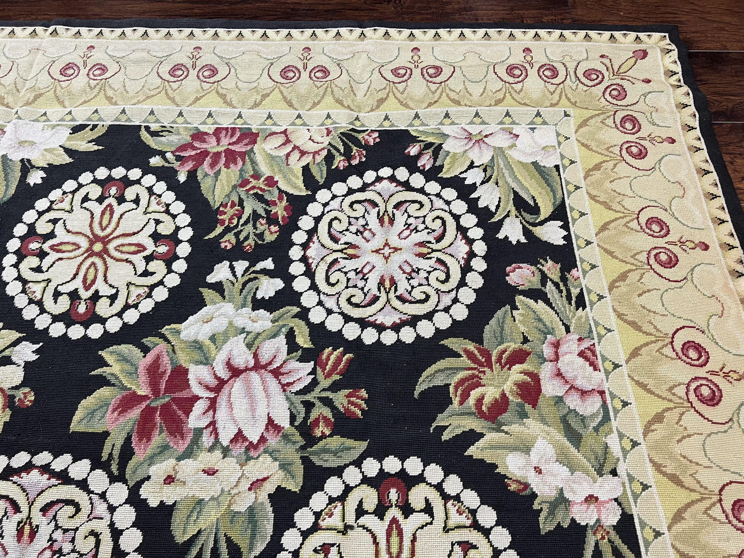 9x12 Black Needlepoint Rug, European Floral Panel Design, Handwoven, Vintage Chinese Needlepoint, Black Green Beige, Wool Rug 9 x 12
