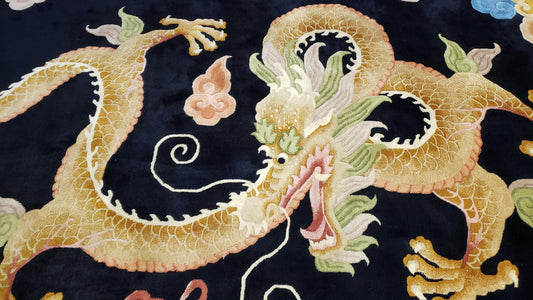 Rare Antique Chinese Art Deco Rug 6x9 with Dragon, Black Chinese Carpet 6 x 9, Hand Knotted Wool Area Rug