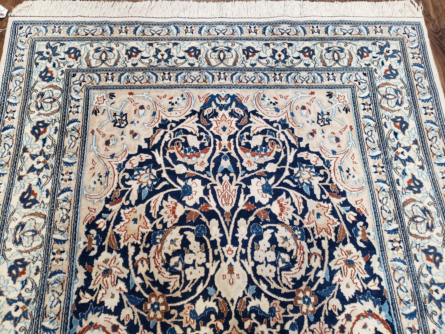 Persian Nain Rug 4x6, Ivory and Blue, Hand-Knotted, Wool & Silk