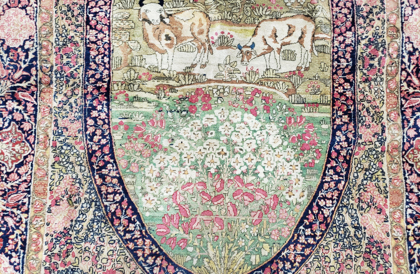 Antique Persian Kerman Lavar Rug 4.4 x 7.5, Highly Collectible Rare, 1880s Rug, Millefleurs, Cows, Wool Hand Knotted, Pictorial