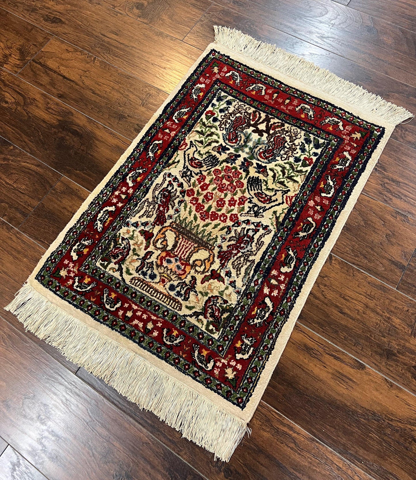 Small Indo Persian Rug 2x3 ft, Wool with Silk Highlights, Animal Pictorials, Birds