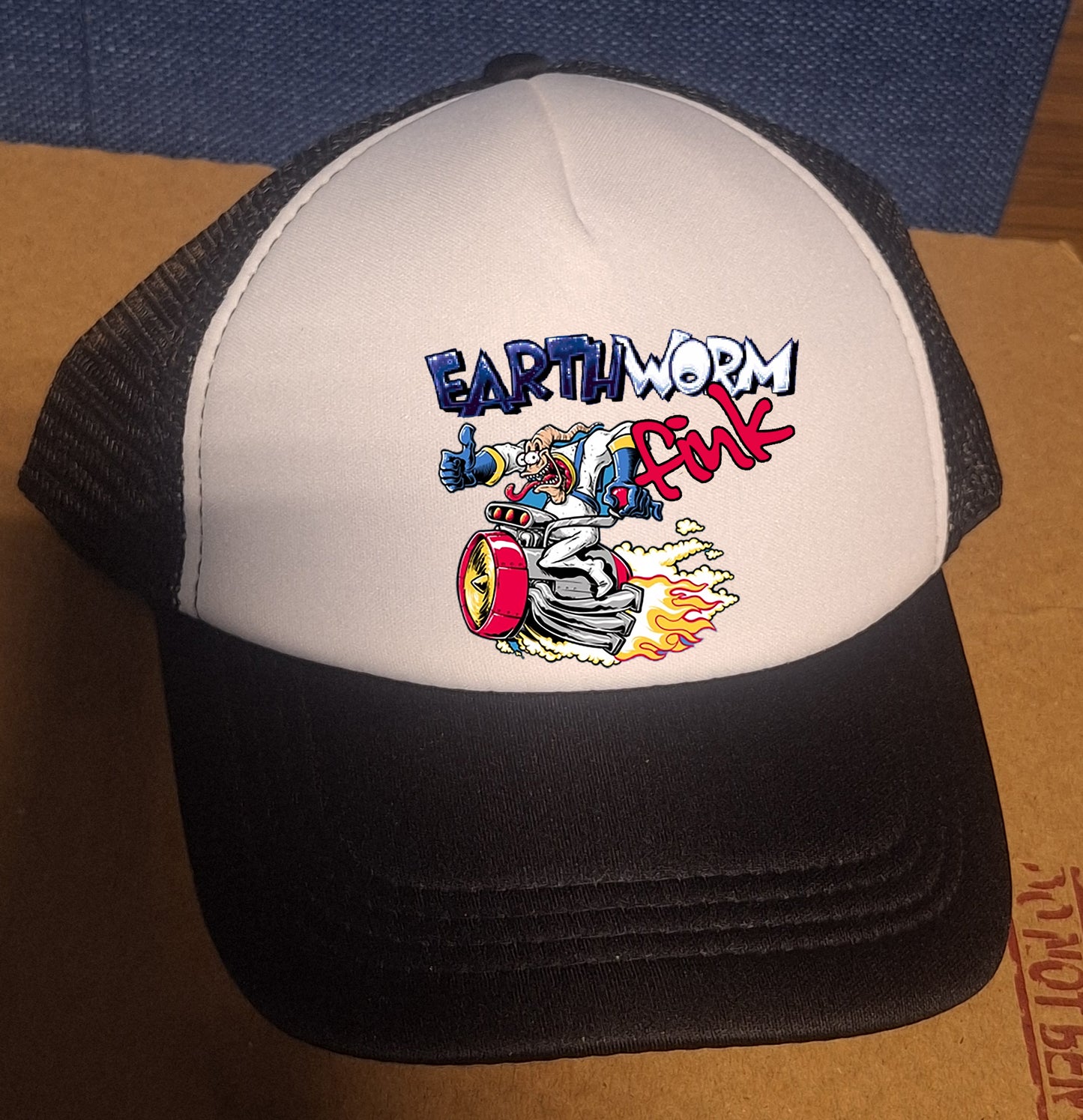 Adjustable Black Trucker Baseball Cap Featuring Earthworm Jim Rat Parody Design