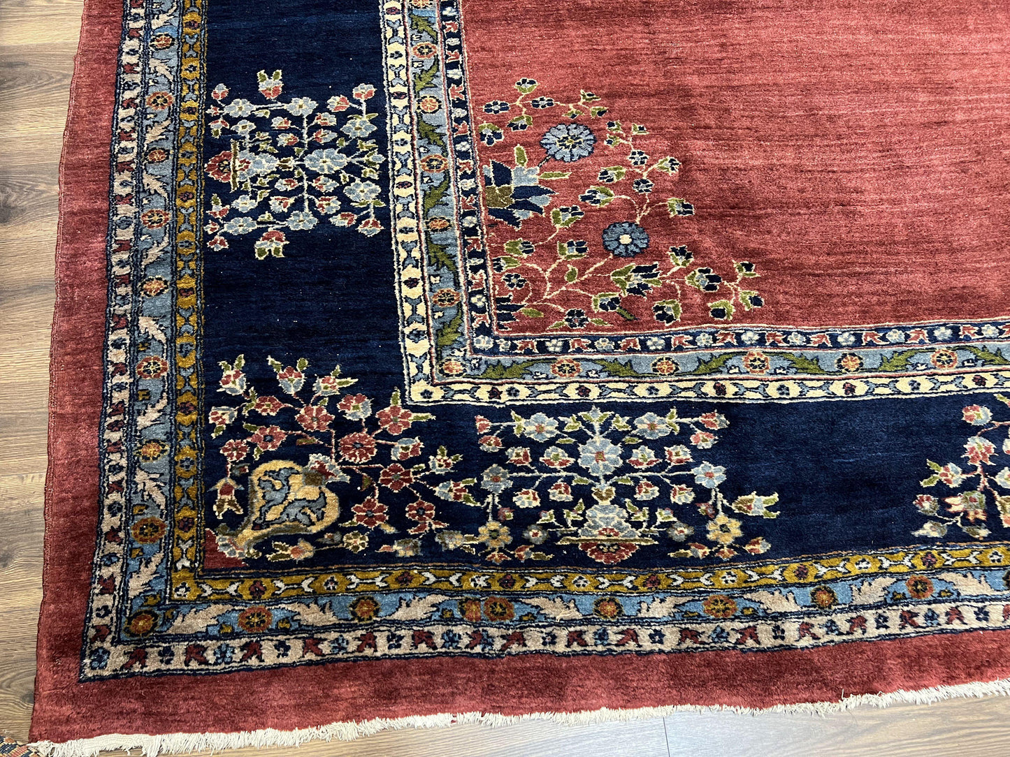 Large Persian Sarouk Rug 10x17, Open Field, Red and Navy Blue, Palace Sized Oversized Hand Knotted Wool Oriental Carpet Flowers Vases Antique 1920s