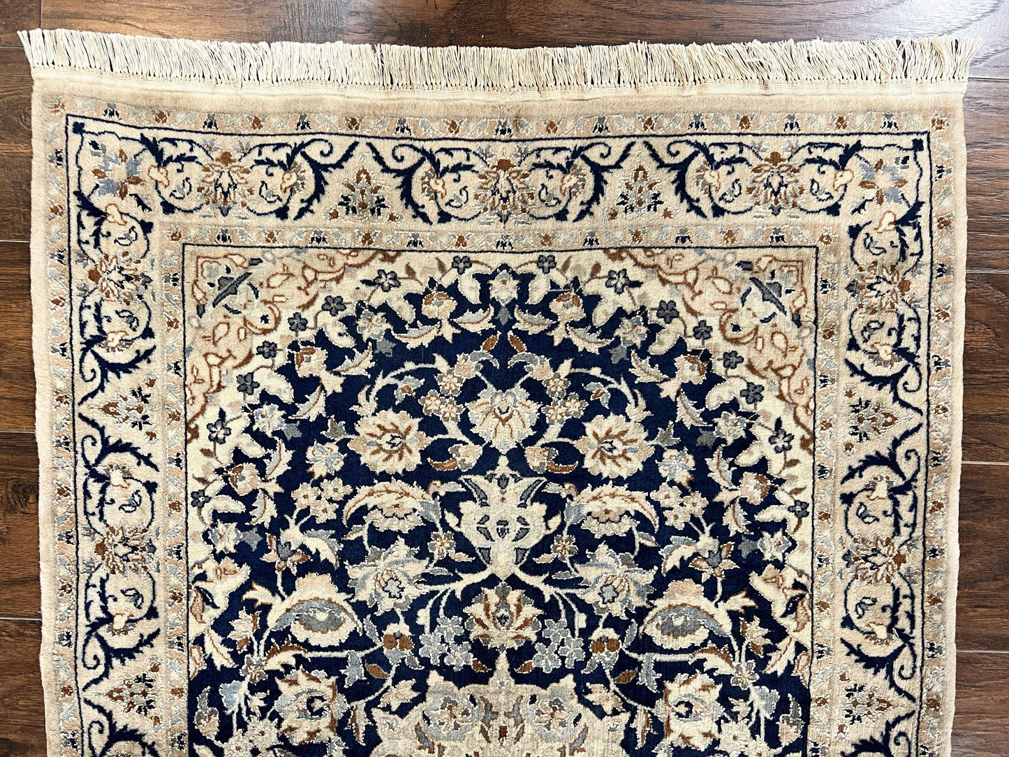 Persian Nain Rug 3x5, Floral Medallion Oriental Carpet, Very Fine Hand Knotted Handmade Wool and Silk Highlights Rug, Vintage Semi Antique