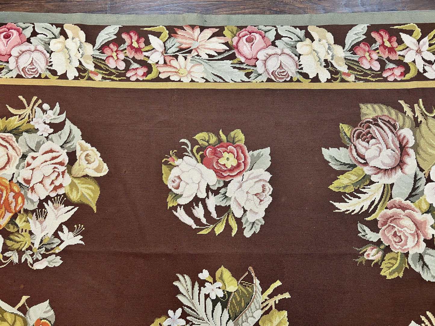 Vintage Needlepoint Rug 9x12, Large Handmade Hand-woven Needlepoint Carpet, Brown Area Rug, Floral Bouquets, Wool Rug, European Design