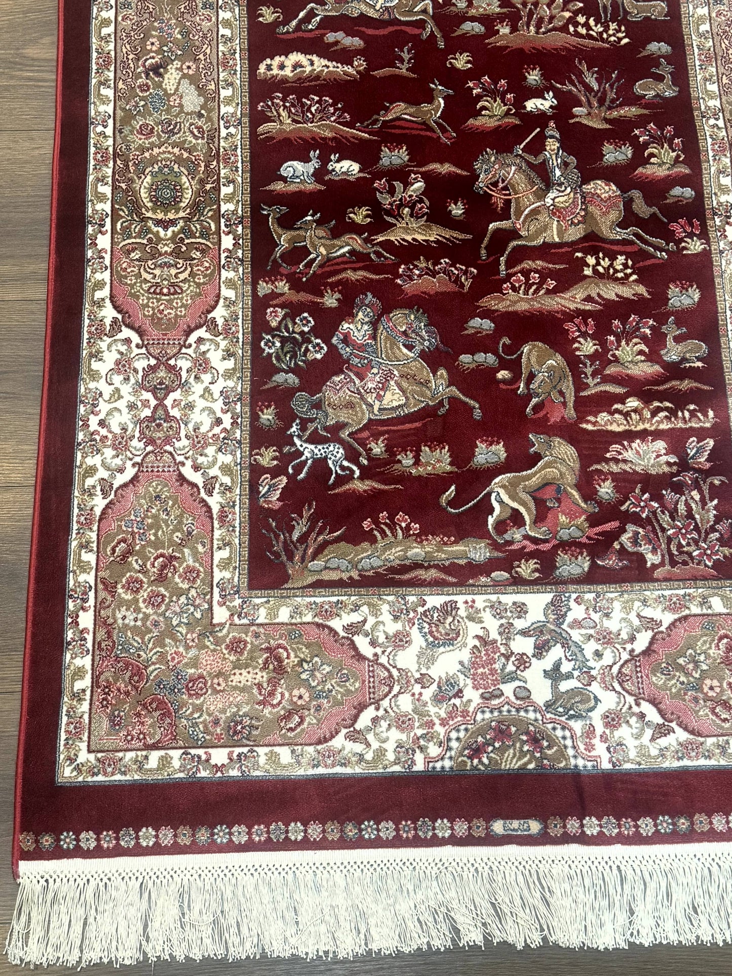 Turkish Silk Rug 3x5, Hunting Design, Dark Red & Ivory, Bamboo Silk, New