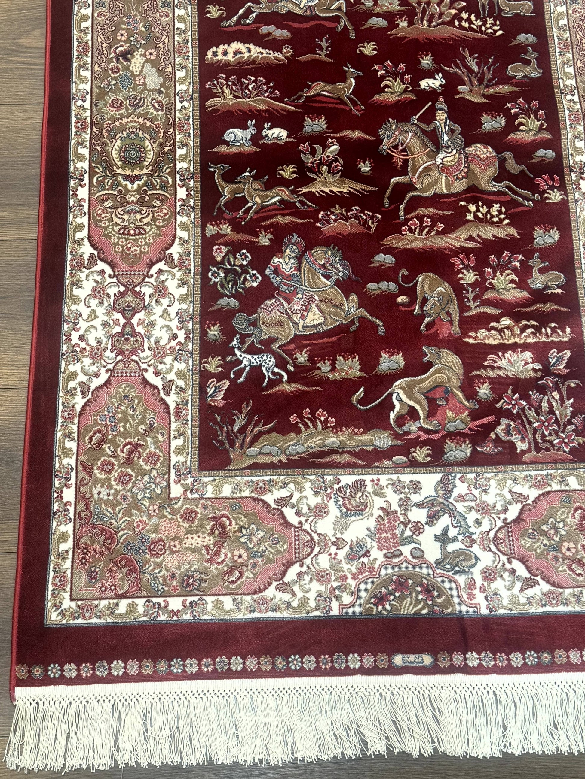 Turkish Silk Rug 3x5, Hunting Design, Dark Red & Ivory, Bamboo Silk, New