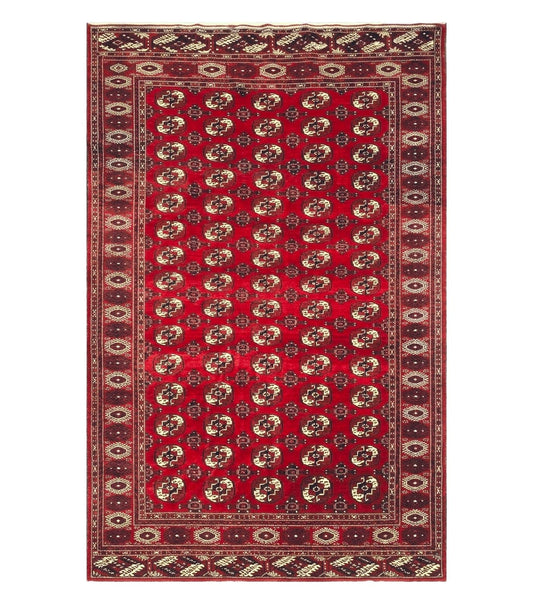 Persian Turkoman Rug 8 x 12.5, Bokhara Turkoman Carpet, Fine Oriental Rug, Vintage Wool Handmade Area Rug, Red Black Cream, Room Sized