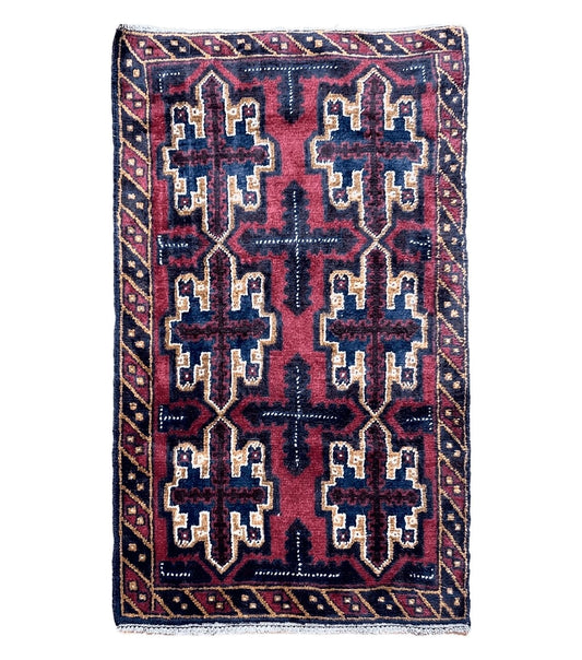 2' 7" X 4' 6" Vintage Handmade Tribal Wool Rug Balouchi Rug Afghan Rug Red Blue