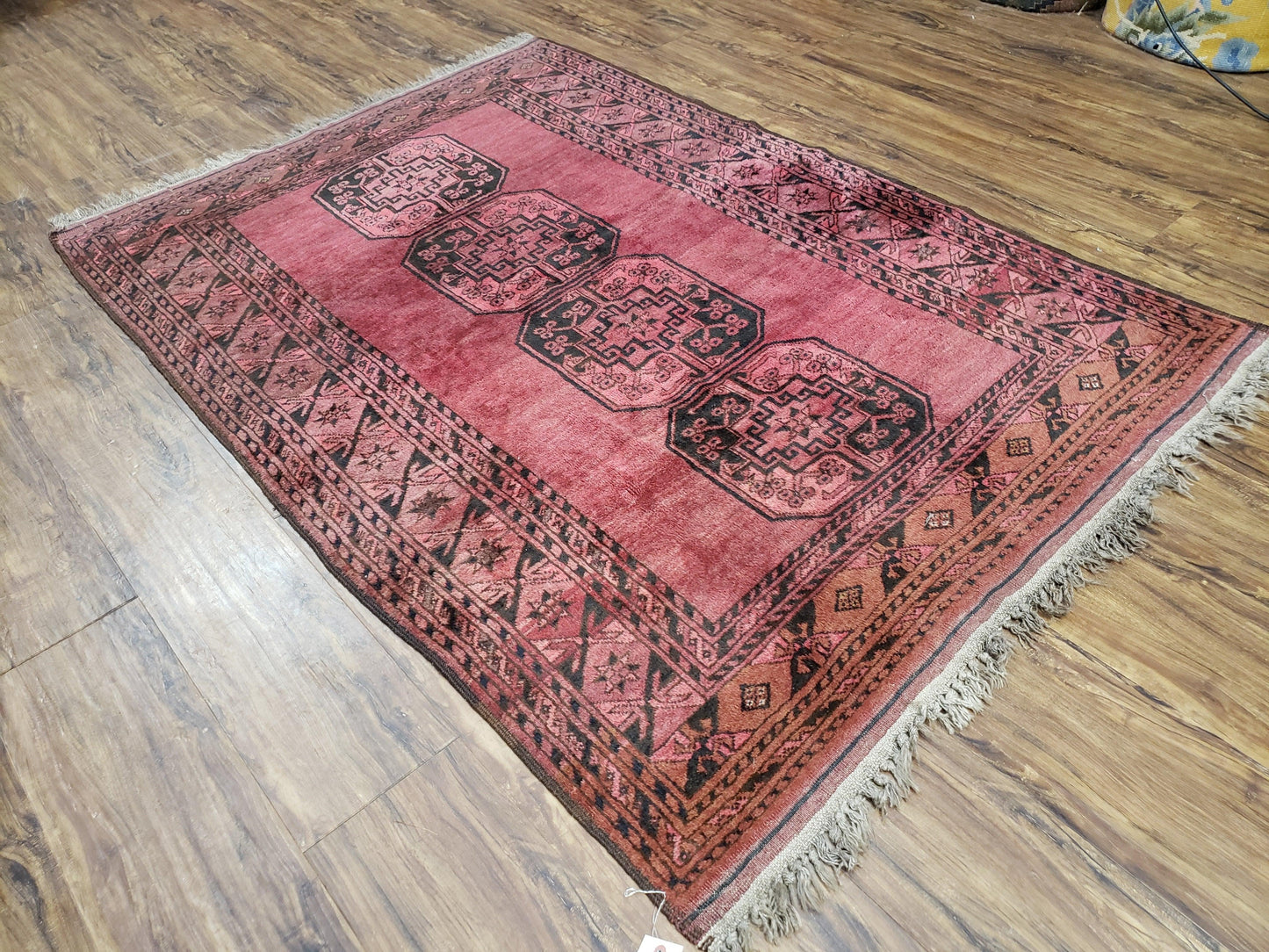 Antique Bukhara Area Rug, Vintage Afghan Bokhara Bashir Rug, 4x6 Hand-Knotted Oriental Carpet, Red & Black Wool Rug, 4' x 5'9