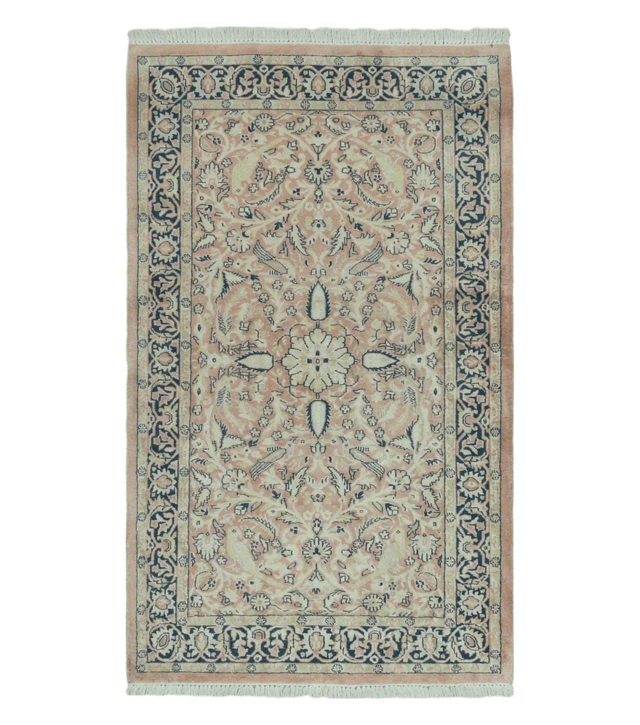 Indian Silk Rug 4x6, Indian Kashmiri Silk Carpet 4 x 6 ft, Vintage Hand Knotted Floral Bird Motifs, Light Pink and Navy Blue, Silk on Cotton