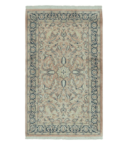 Indian Silk Rug 4x6, Indian Kashmiri Silk Carpet 4 x 6 ft, Vintage Hand Knotted Floral Bird Motifs, Light Pink and Navy Blue, Silk on Cotton