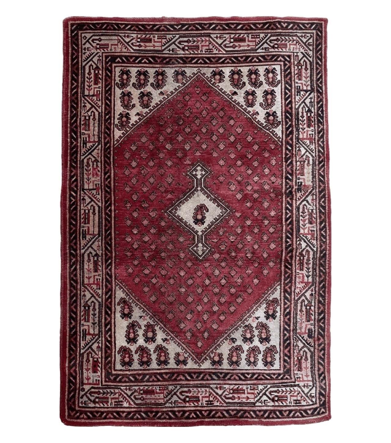 4 X 6.5 Antique Handmade Wool Rug Paisley Boteh Design Tribal Rug Red Ivory