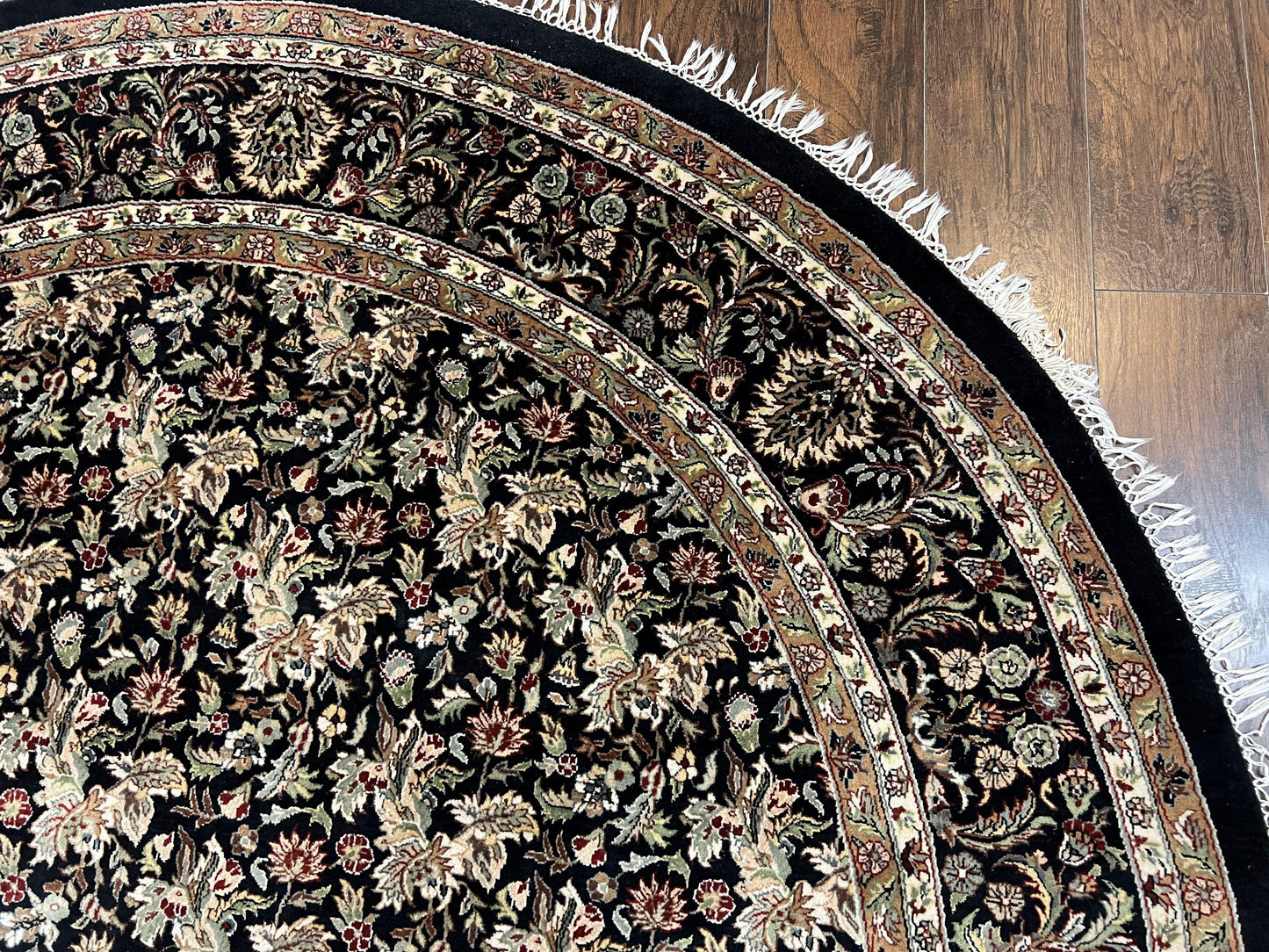 Round Oriental Rug 8x8 ft, William Morris Floral Pattern Carpet, 8 x 8 ft Round Rug, Black Cream and Tan 8ft Round Handmade Indo Persian Rug