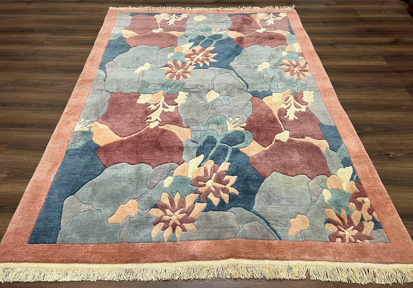 Modern Tibetan Rug 5.7 x 7.9, Abstract Multicolor Flower Pattern, Navy Blue Maroon Salmon, Soft Wool, Hand Knotted Contemporary Carpet 6x8