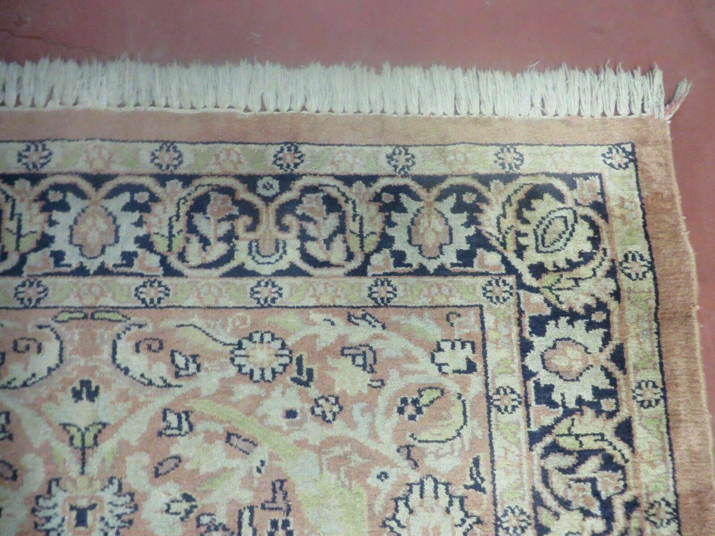 Indian Silk Rug 4x6, Indian Kashmiri Silk Carpet 4 x 6 ft, Vintage Hand Knotted Floral Bird Motifs, Light Pink and Navy Blue, Silk on Cotton
