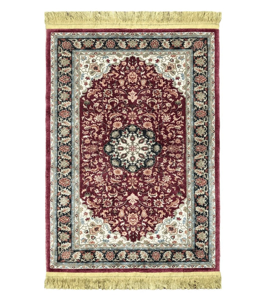 3x5 Silk Hand-Knotted Rug, Silk Oriental Carpet 5 x 3, Red & Ivory, Floral Medallion, Gold Fringes, Semi Antique Vintage Traditional Rug