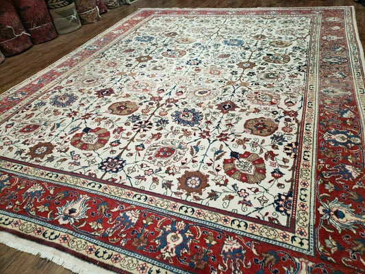Antique Persian Tabriz Rug 9x12, Hand Knotted Oriental Carpet 9 x 12 ft, Vintage Wool Room Sized Rug, Cream and Red, Floral Allover Handmade Rug