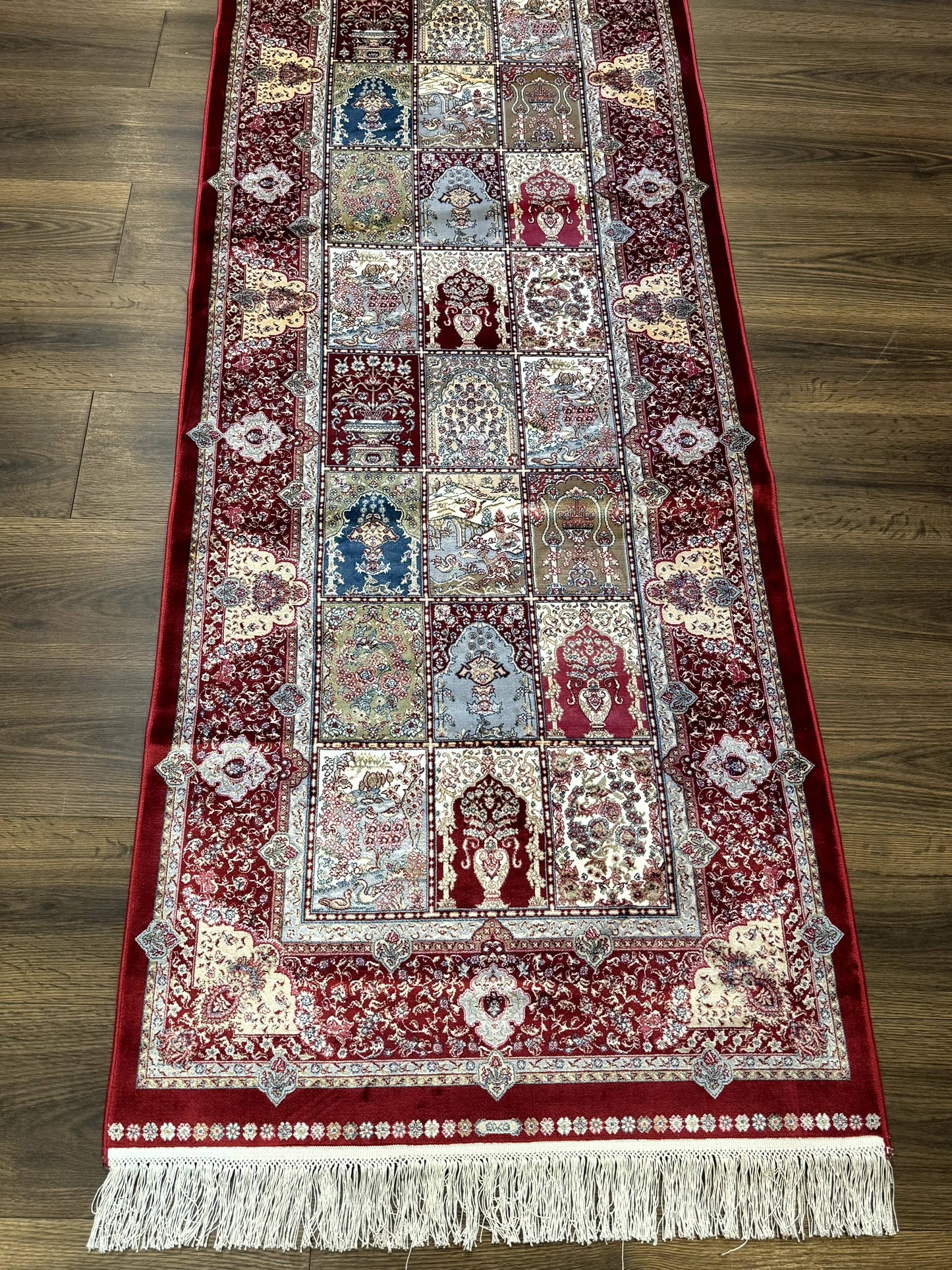 Turkish Silk Runner Rug 2.6 x 11.6, Panel Design, Dark Red Ivory, Bamboo Silk, New