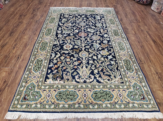 Semi Antique Persian Qum Tree of Life Rug, Hand-Knotted, Wool, Midnight Blue and Tan, Animal Pictorials, Written Poem in Borders, 4' 8" x 7' 8"