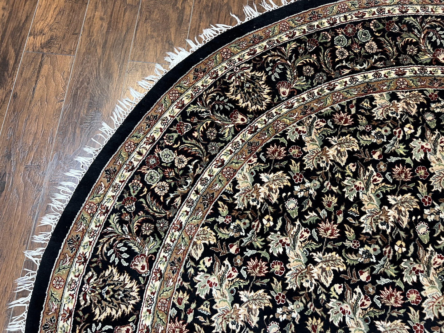 Round Oriental Rug 8x8 ft, William Morris Floral Pattern Carpet, 8 x 8 ft Round Rug, Black Cream and Tan 8ft Round Handmade Indo Persian Rug