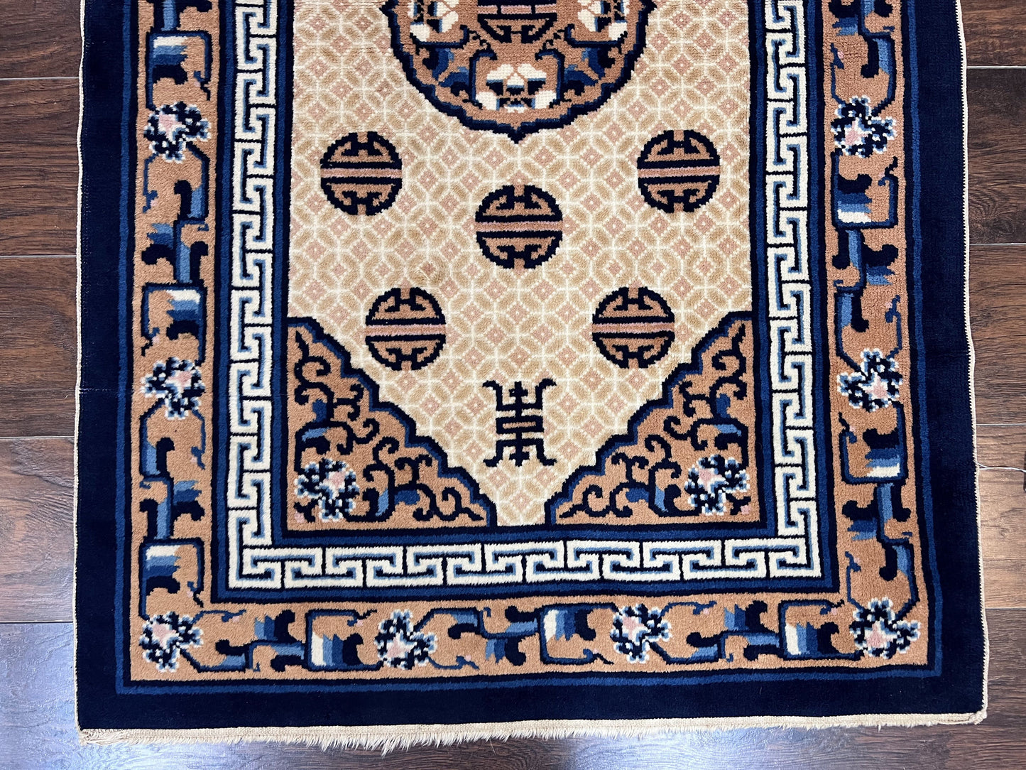 Chinese Peking Rug 3x5, Antique Chinese Art Deco Carpet, Blue Ivory Tan, Hand Knotted Wool Asian Oriental Rug 3 x 5 Vintage Small Peking Rug