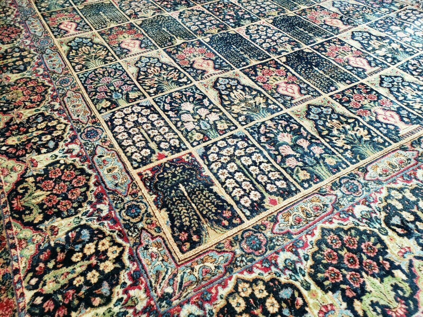 Persian Rug 10x15, Authentic Oriental Carpet 10 x 15, Wool Area Rug Panel Design Hand-Knotted Vintage Kirman Yazd Rug, Dark Blue and Beige,  Floral