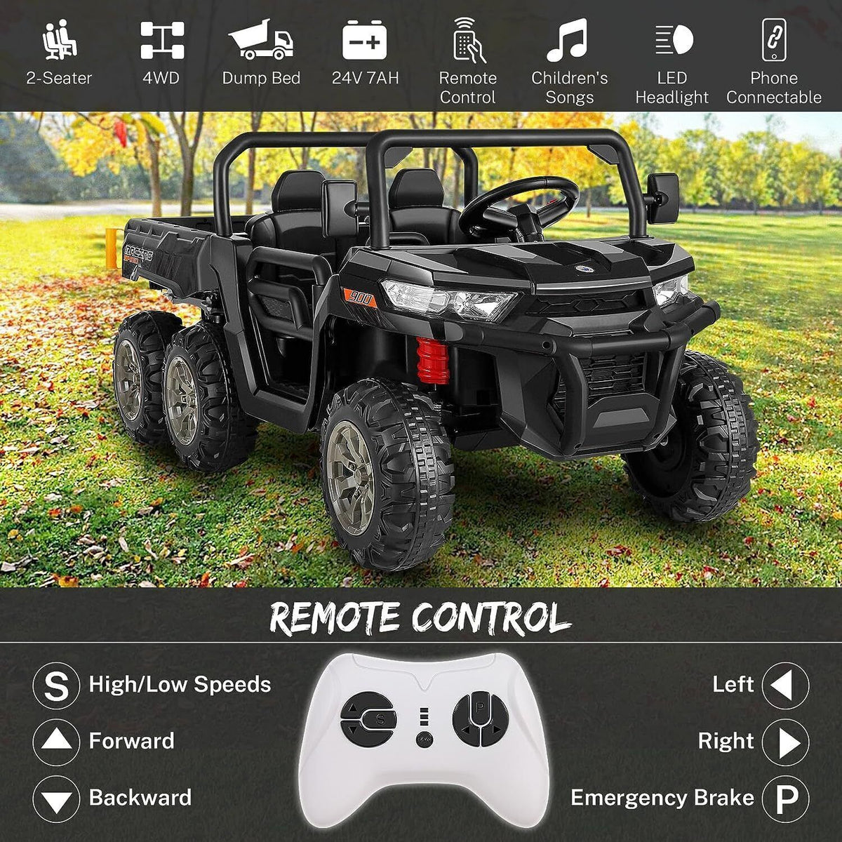Electric 2 Seater Ride On Car with Dump Trailer - 24V Battery Powered 4WD Toy Tractor