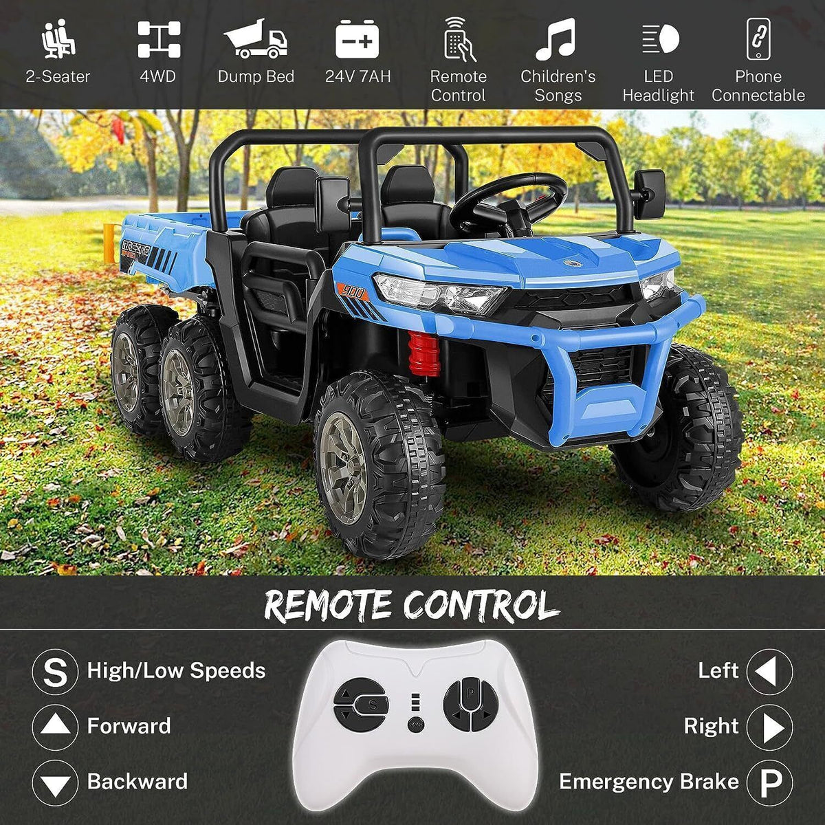 Electric 2 Seater Ride On Car with Dump Trailer - 24V Battery Powered 4WD Toy Tractor