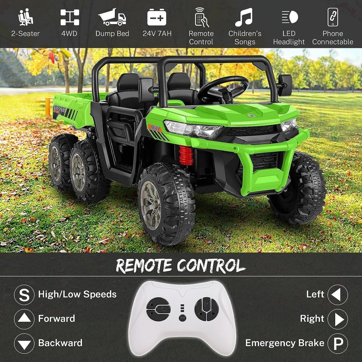 Electric 2 Seater Ride On Car with Dump Trailer - 24V Battery Powered 4WD Toy Tractor