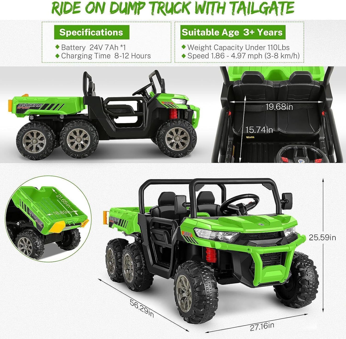 Electric 2 Seater Ride On Car with Dump Trailer - 24V Battery Powered 4WD Toy Tractor