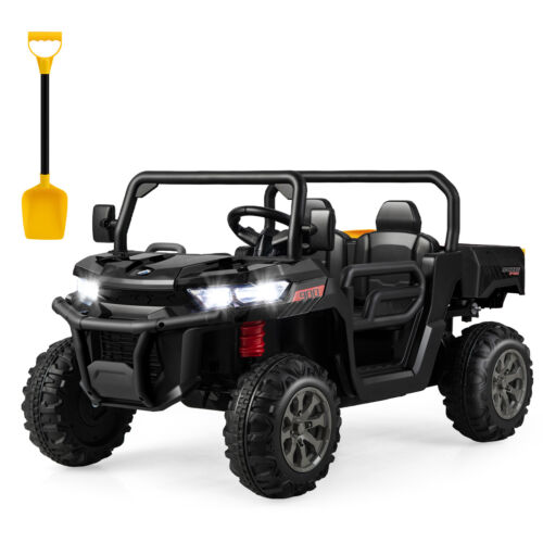 Electric 2 Seater UTV Dump Truck with Remote Control, Dump Bed, and Shovel - Black