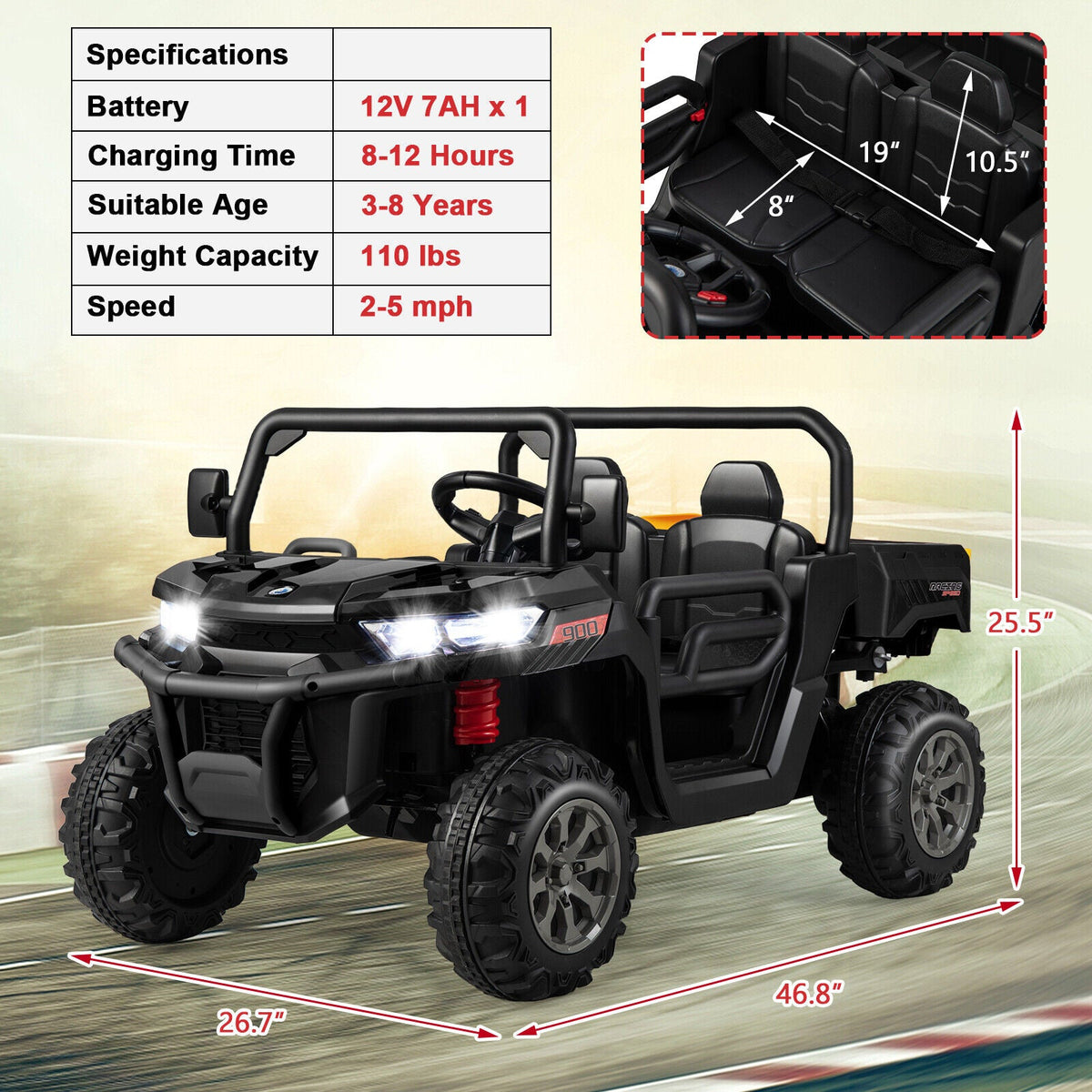 Electric 2 Seater UTV Dump Truck with Remote Control, Dump Bed, and Shovel - Black