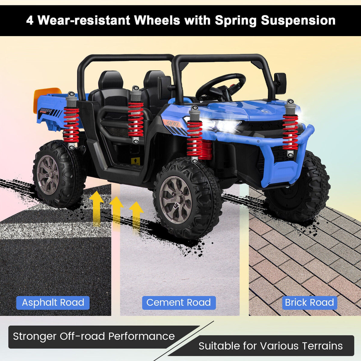 Electric 2 Seater UTV Dump Truck with Remote Control, Dump Bed, and Shovel - Blue