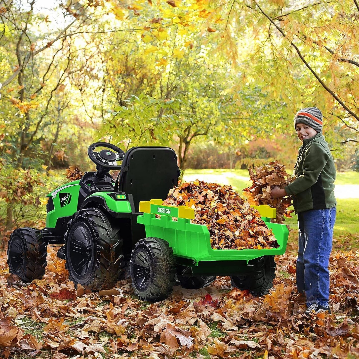 Electric 24V Tractor with Trailer and LED Music - 3-in-1 Kid Ride On Excavator Bulldozer