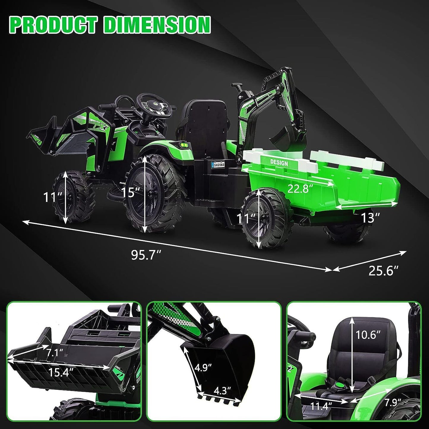 Electric 24V Tractor with Trailer and LED Music - 3-in-1 Kid Ride On Excavator Bulldozer