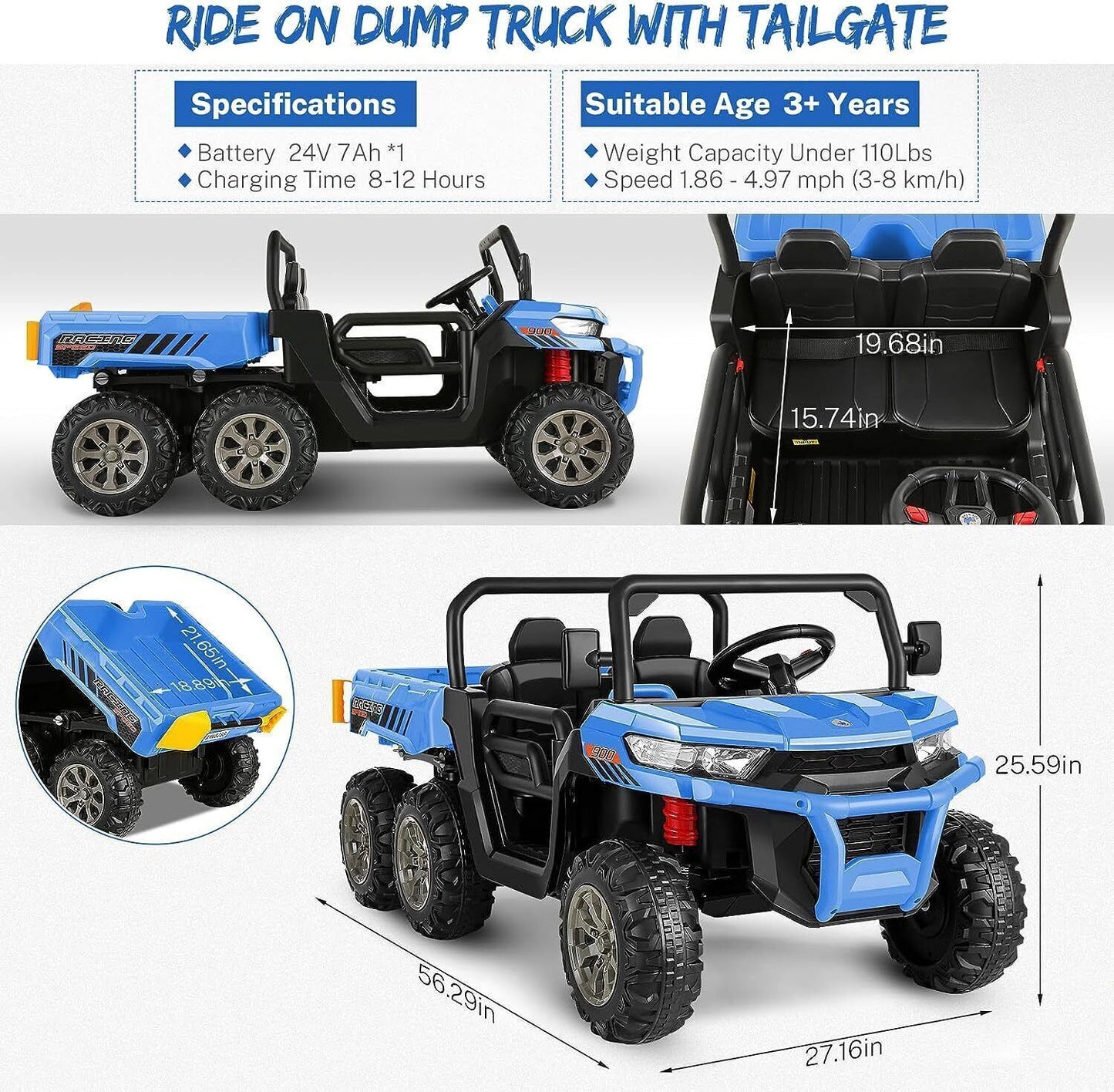 Electric 4WD Toy Tractor with Dump Trailer for 2 Kids - 24V Battery Powered Ride-On Car