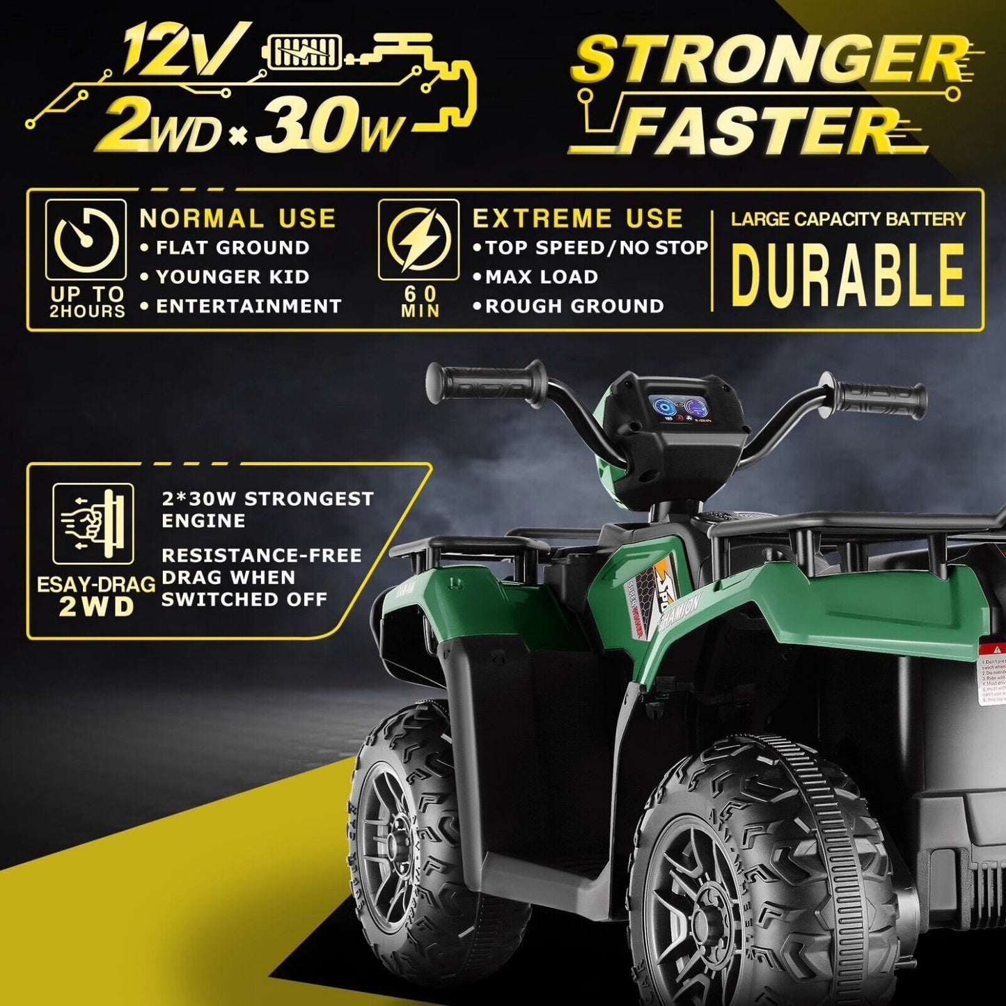 Electric Kids ATV Ride On Car with Music, LED Lights, and USB - Black Quad 4-Wheeler