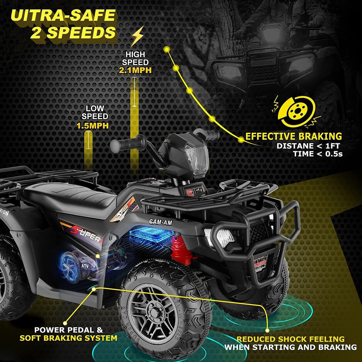 Electric Vehicle with Dual Speed Options, Treaded Tires, and LED Lights - Powered by 12V Battery