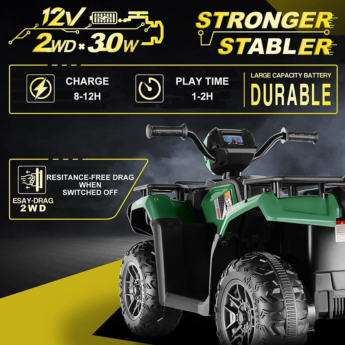 Electric Vehicle with Dual Speed Options, Treaded Tires, and LED Lights - Powered by 12V Battery