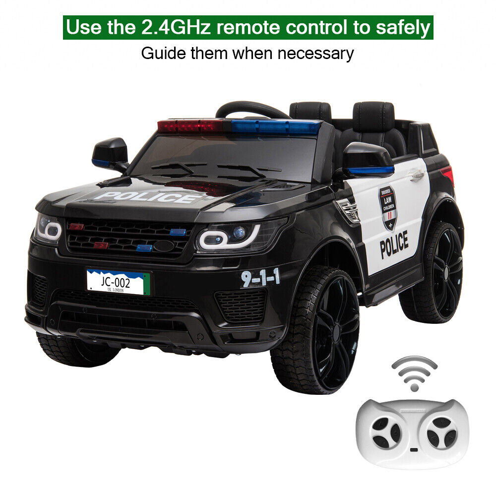 Electric Police Car for Kids with Remote Control, Flashing Lights, Music, and Horn - 12V