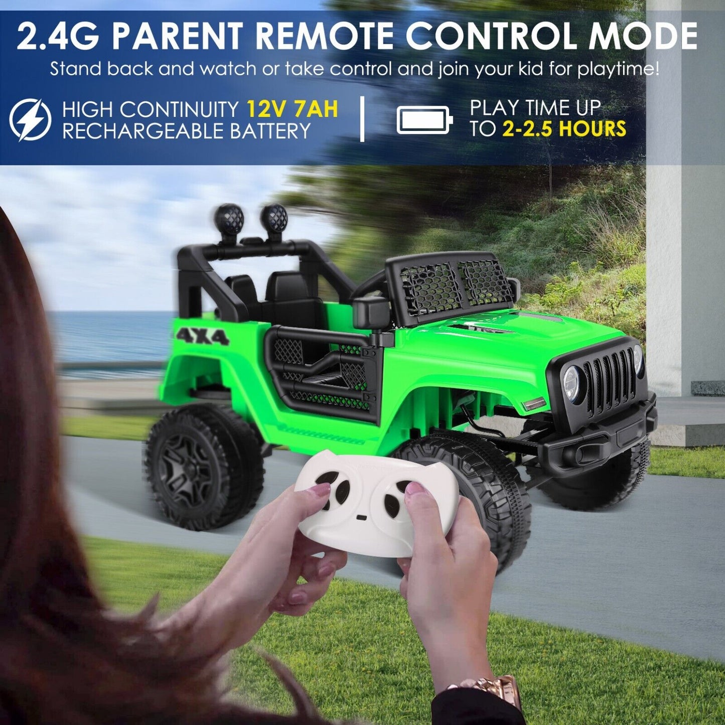 Kids Ride On Jeep Truck with Remote Control, MP3 Player, LED Lights, and 3 Speed Options - Perfect Gift for Children (24V/12V)