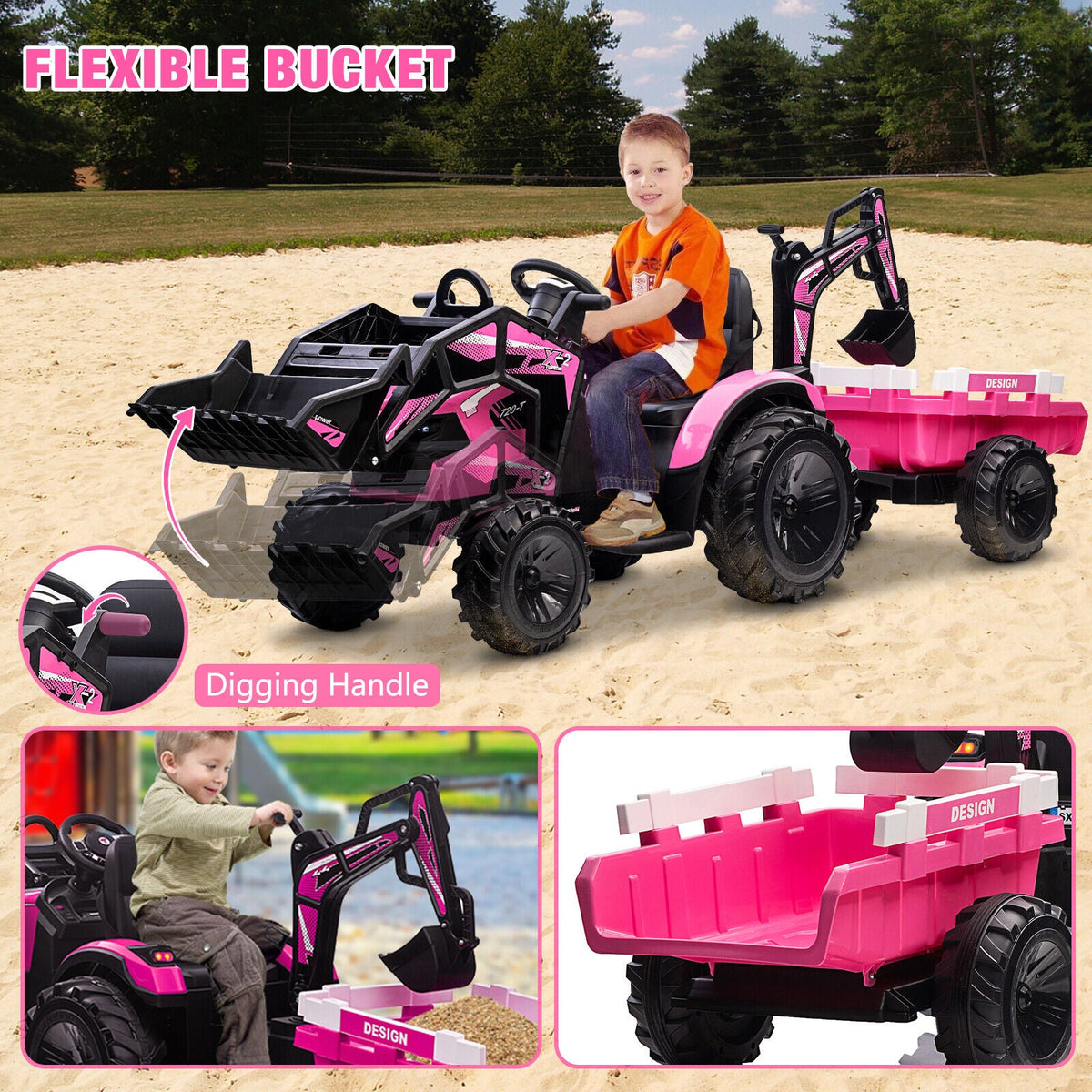 Electric Tractor Ride-On Toy Car for Kids with Trailer & LED Lights - 12V Battery Powered