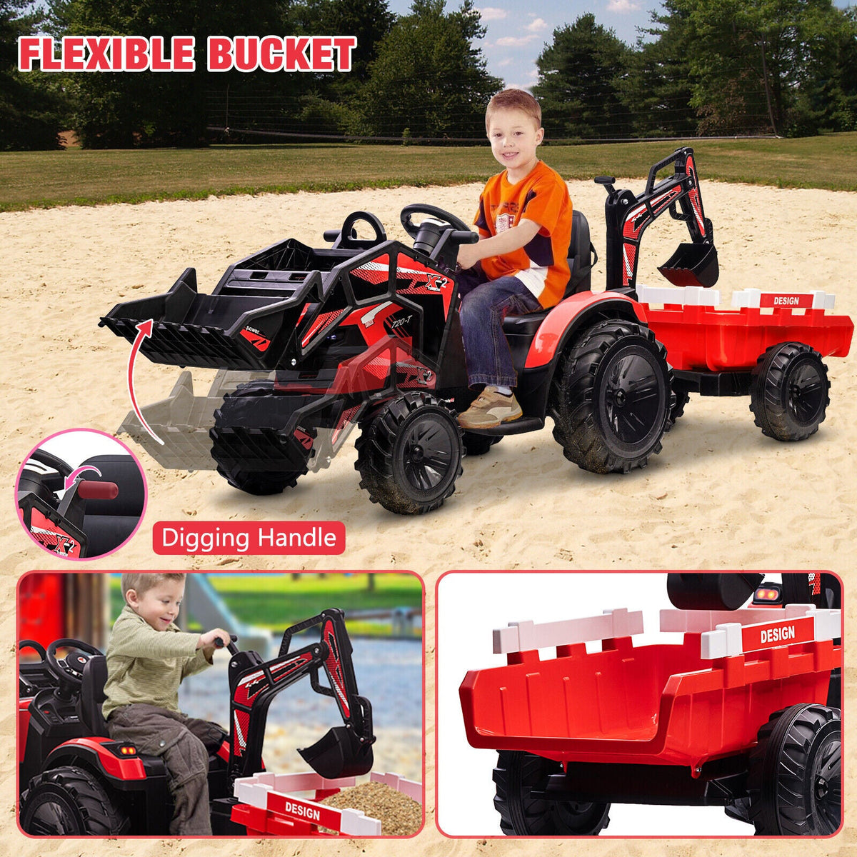 Electric Tractor Ride-On Toy Car for Kids with Trailer & LED Lights - 12V Battery Powered