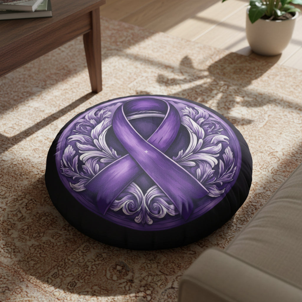 Elegant Purple Ribbon Tufted Floor Pillow, Round