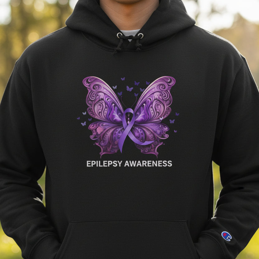 Epilepsy Awareness Butterfly Champion Hoodie – Purple Ribbon Awareness Sweatshirt